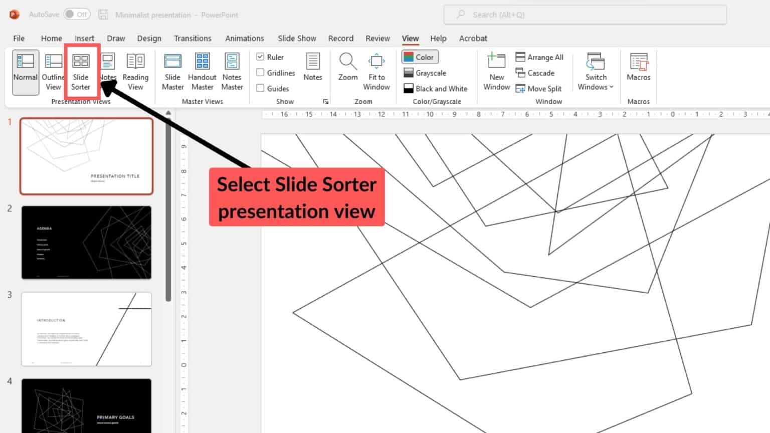 how to display the presentation in slide sorter view