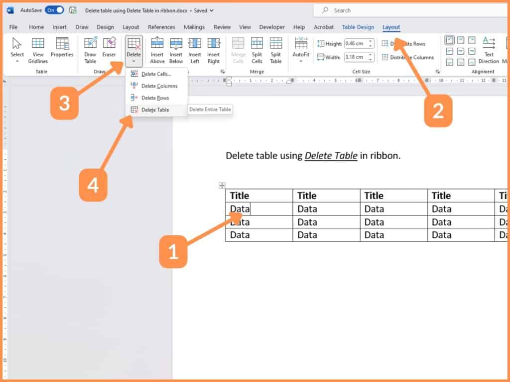 delete table content in word